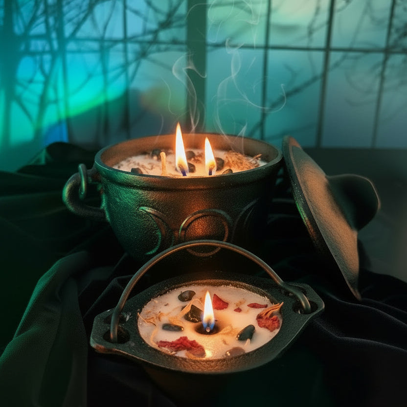 Two small black cauldron-shaped containers filled with a white liquid and topped with dried botanicals, arranged on dark draped fabric with a blurred outdoor tree scene in the background.